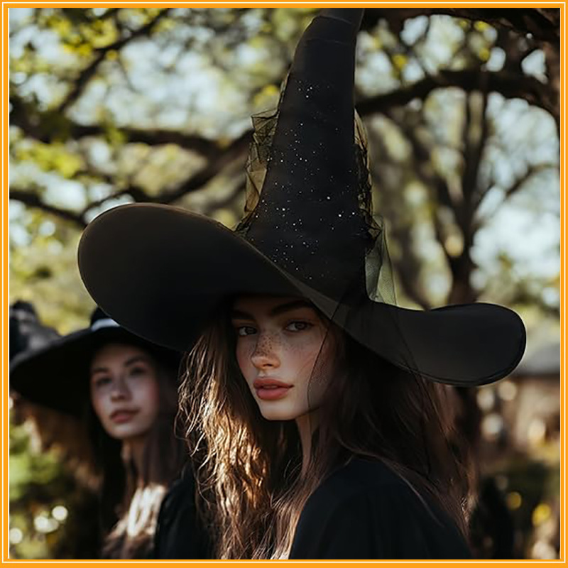 Glitter Tulle Witch Hat Wide Brim Halloween Costume Accessory